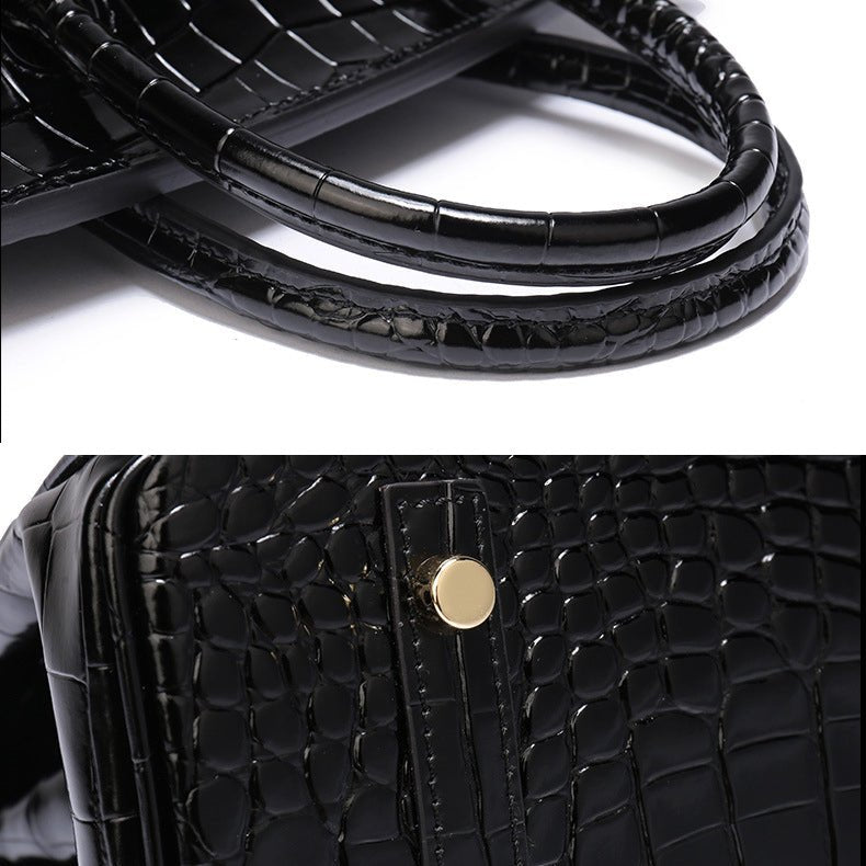 Black Structured Leather Handbag – Croc Pattern Top Handle Tote with Strap - in Black Crocodile | Arvea Bags