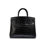 Black Structured Leather Handbag – Croc Pattern Top Handle Tote with Strap - in Black Crocodile | Arvea Bags