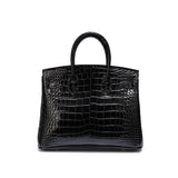 Black Structured Leather Handbag – Croc Pattern Top Handle Tote with Strap - in Black Crocodile | Arvea Bags