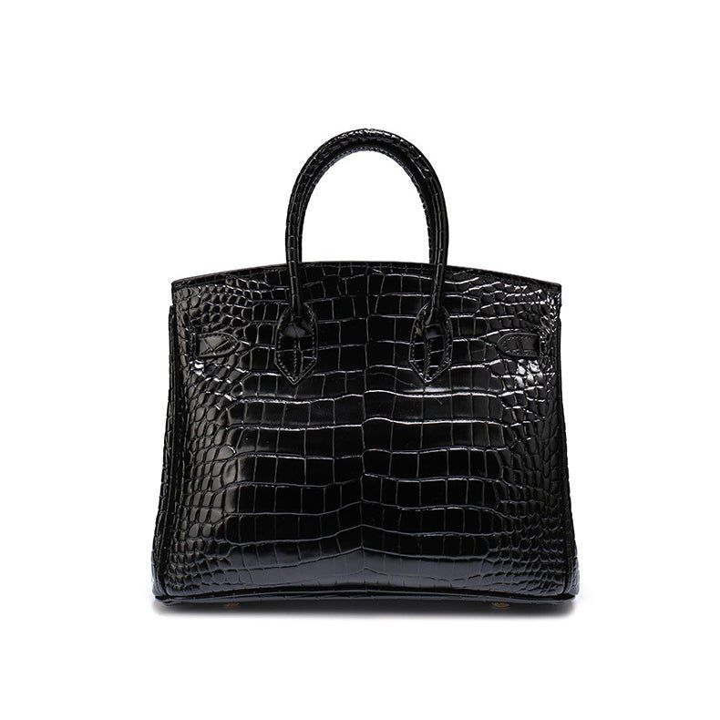 Black Structured Leather Handbag – Croc Pattern Top Handle Tote with Strap - in Black Crocodile | Arvea Bags