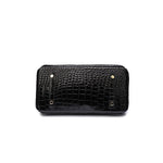 Black Structured Leather Handbag – Croc Pattern Top Handle Tote with Strap - in Black Crocodile | Arvea Bags