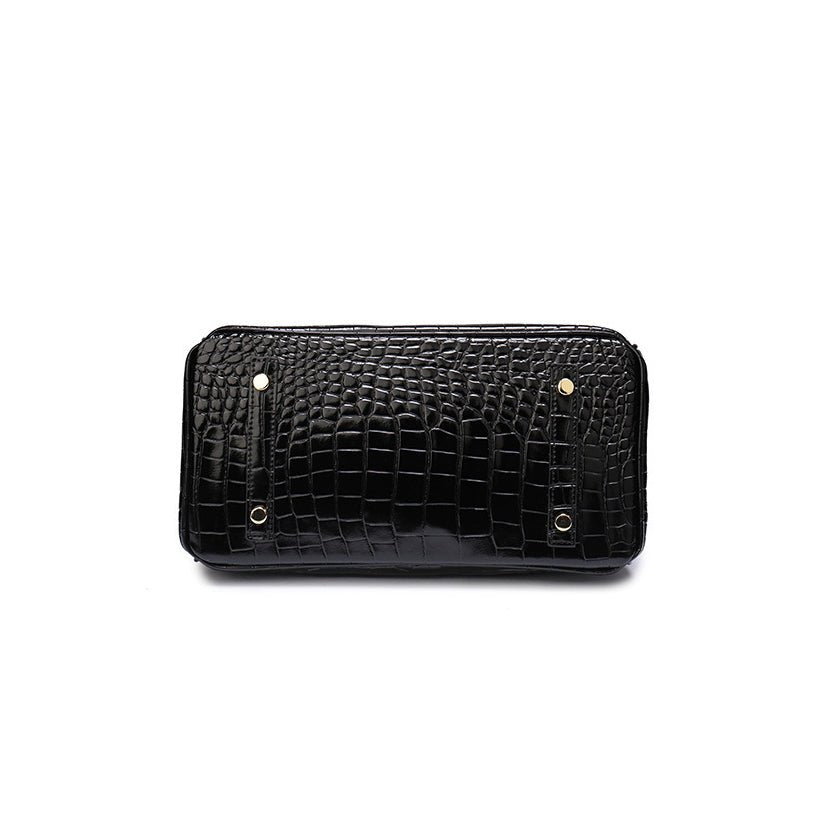 Black Structured Leather Handbag – Croc Pattern Top Handle Tote with Strap - in Black Crocodile | Arvea Bags