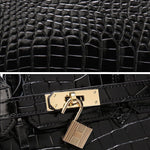 Black Structured Leather Handbag – Croc Pattern Top Handle Tote with Strap - in Black Crocodile | Arvea Bags