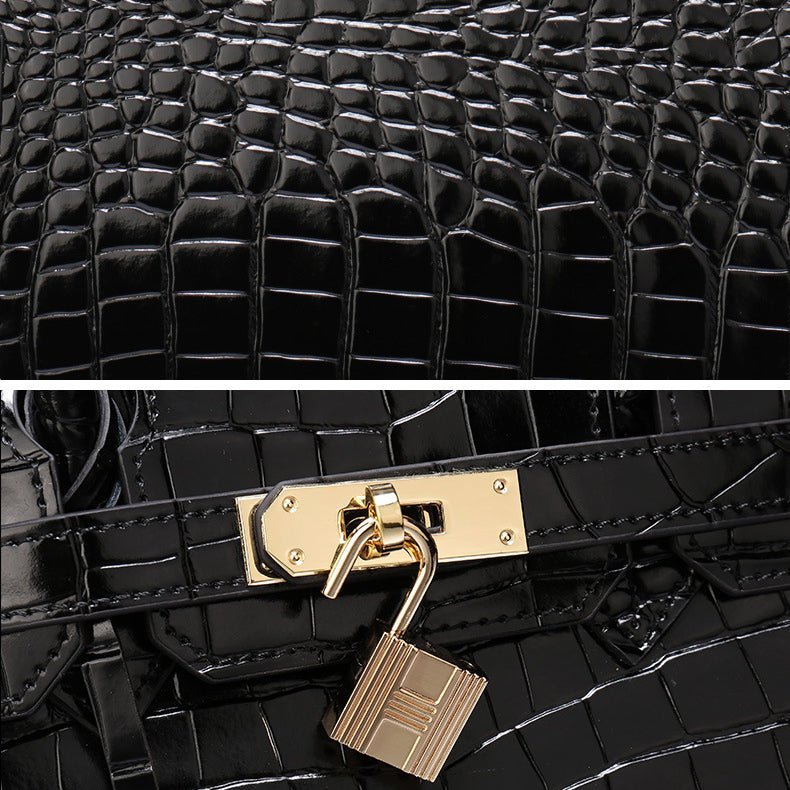 Black Structured Leather Handbag – Croc Pattern Top Handle Tote with Strap - in Black Crocodile | Arvea Bags