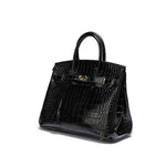 Black Structured Leather Handbag – Croc Pattern Top Handle Tote with Strap - in Black Crocodile | Arvea Bags