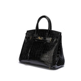 Black Structured Leather Handbag – Croc Pattern Top Handle Tote with Strap - in Black Crocodile | Arvea Bags