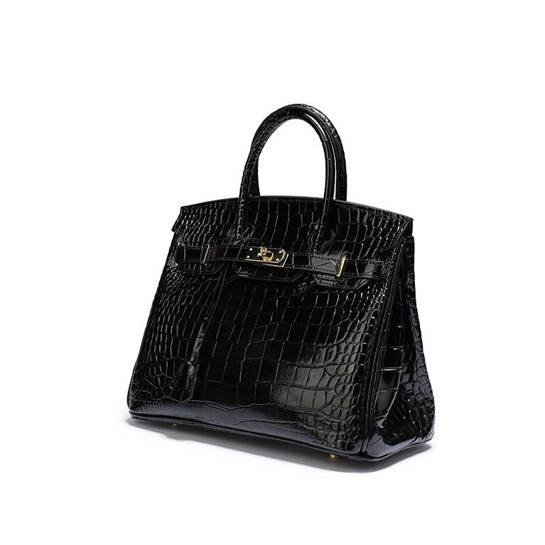 Black Structured Leather Handbag – Croc Pattern Top Handle Tote with Strap - in Black Crocodile | Arvea Bags
