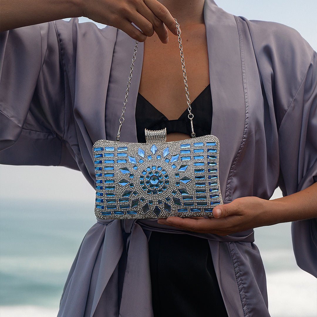 Blue Crystal Clutch – Luxury Rhinestone Mosaic Evening Bag - in Ocean Blue | Arvea Bags