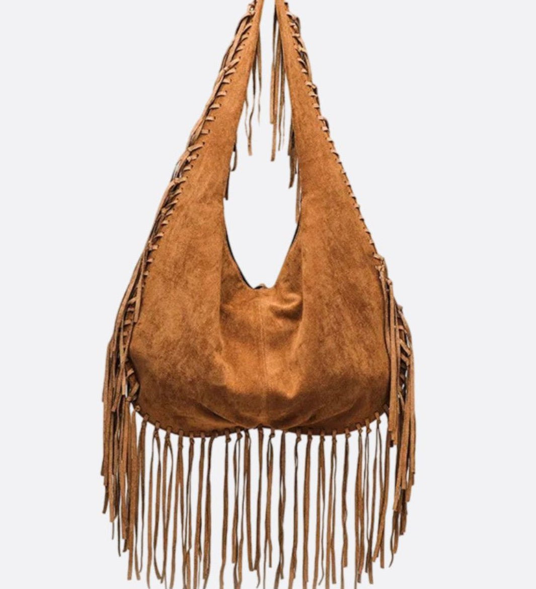 Boho Fringe Hobo Bag – Suede - Look Slouchy Shoulder Purse - in Light Brown | Arvea Bags