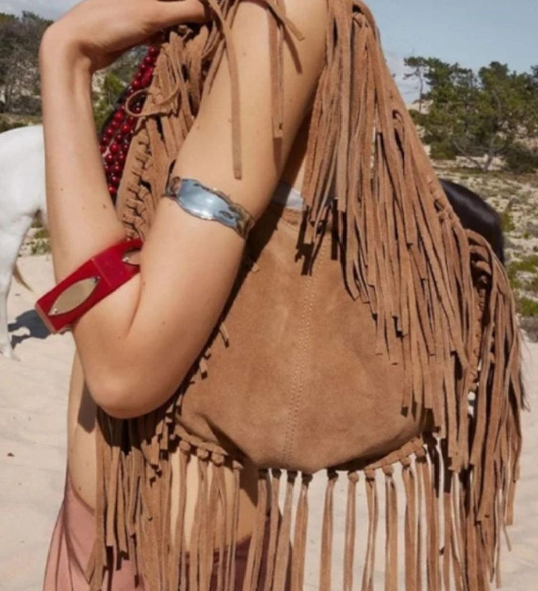 Boho Fringe Hobo Bag – Suede - Look Slouchy Shoulder Purse - in Light Brown | Arvea Bags