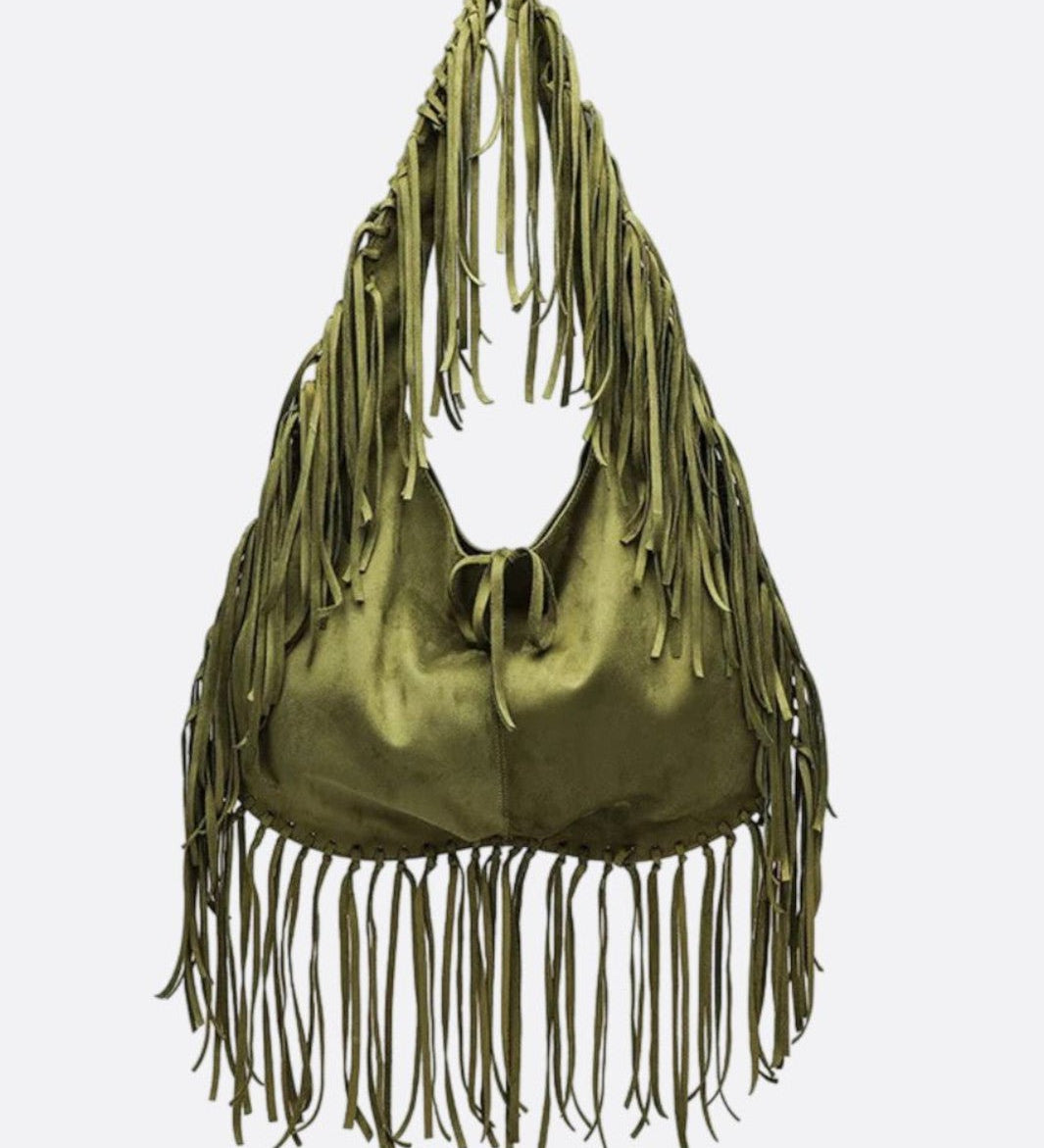 Boho Fringe Hobo Bag – Suede - Look Slouchy Shoulder Purse - in Military Green | Arvea Bags