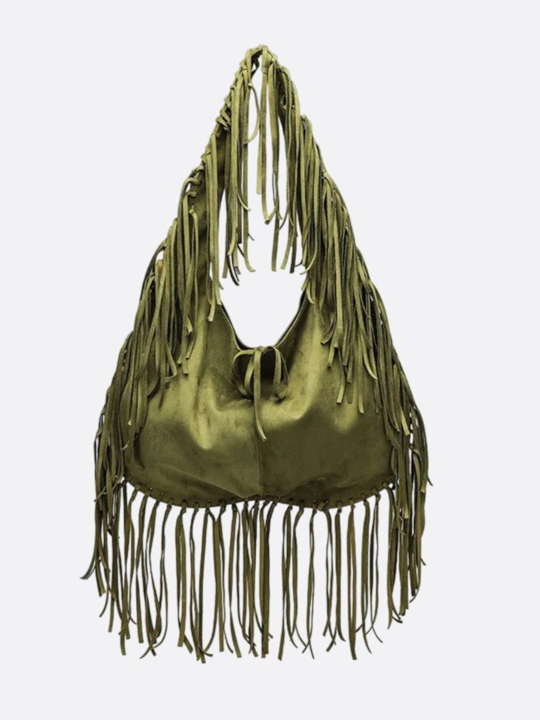 Boho Fringe Hobo Bag – Suede - Look Slouchy Shoulder Purse - in Military Green | Arvea Bags