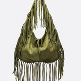 Boho Fringe Hobo Bag – Suede - Look Slouchy Shoulder Purse - in Military Green | Arvea Bags