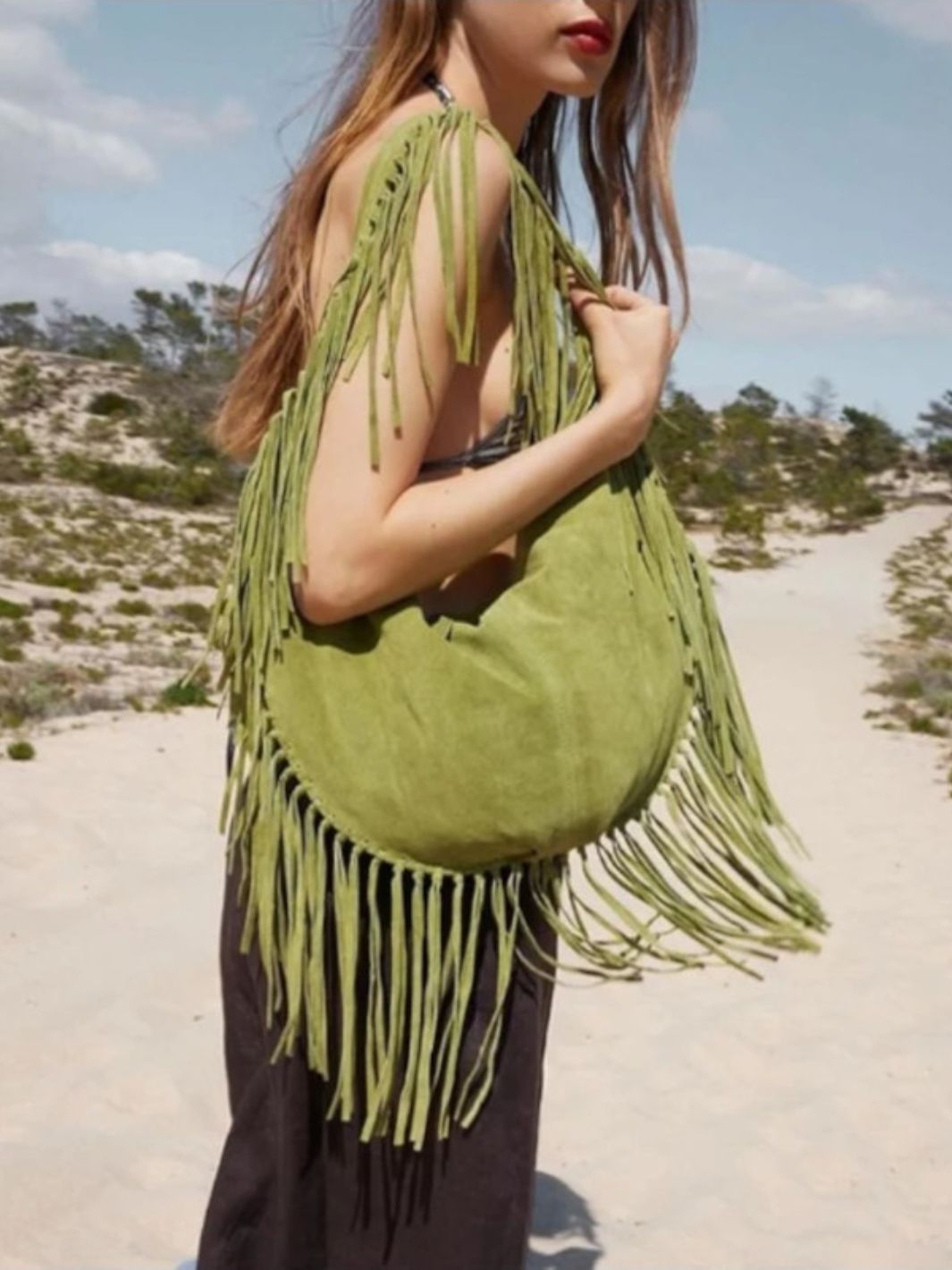 Boho Fringe Hobo Bag – Suede - Look Slouchy Shoulder Purse - in Military Green | Arvea Bags