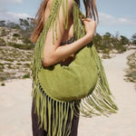 Boho Fringe Hobo Bag – Suede - Look Slouchy Shoulder Purse - in Military Green | Arvea Bags