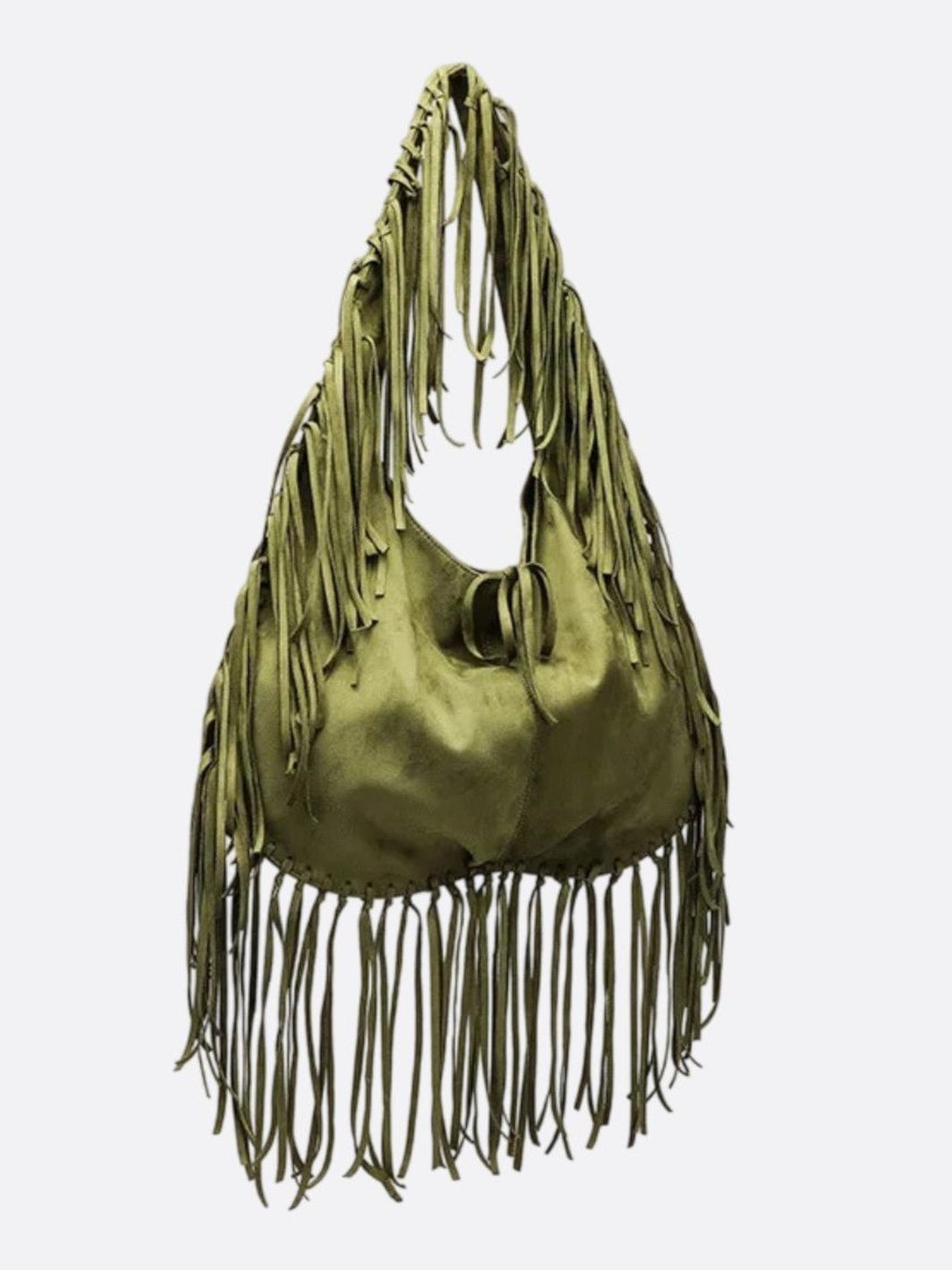 Boho Fringe Hobo Bag – Suede - Look Slouchy Shoulder Purse - in Military Green | Arvea Bags