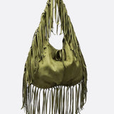 Boho Fringe Hobo Bag – Suede - Look Slouchy Shoulder Purse - in Military Green | Arvea Bags