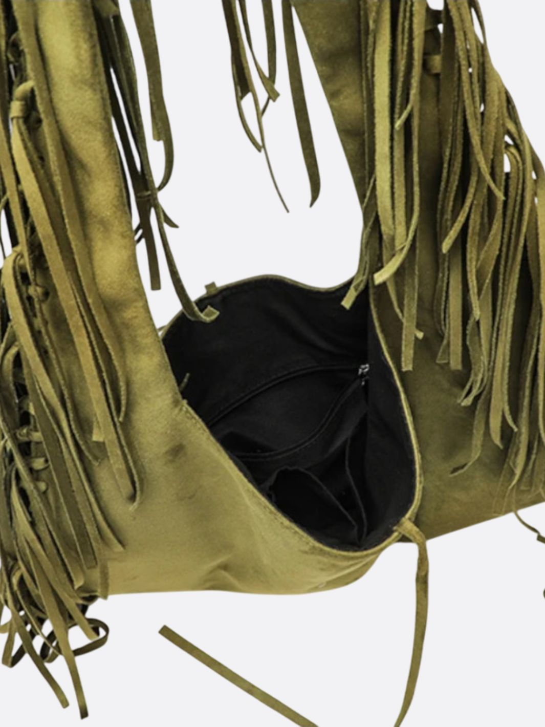 Boho Fringe Hobo Bag – Suede - Look Slouchy Shoulder Purse - in Military Green | Arvea Bags