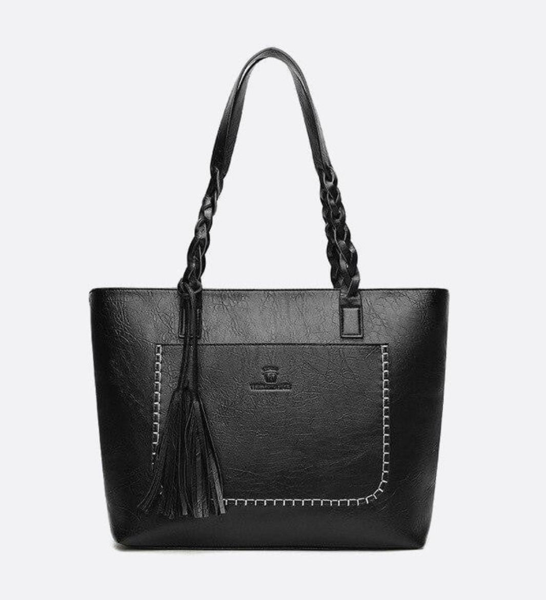 Boho Leather Tote Bag – Braided Straps & Tassel Charm - in Black | Arvea Bags
