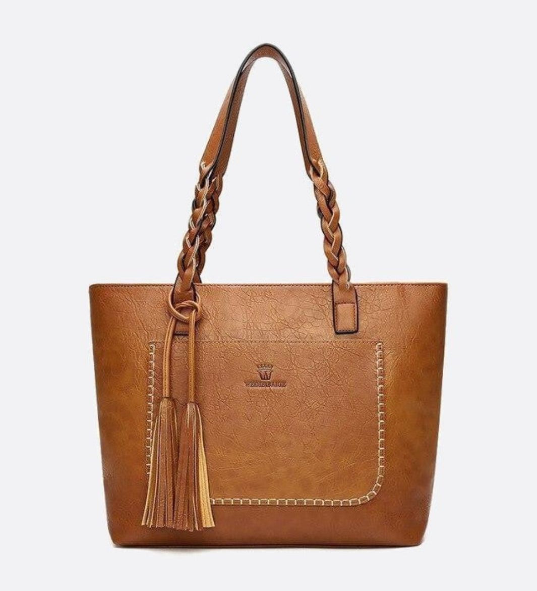 Boho Leather Tote Bag – Braided Straps & Tassel Charm - in Camel | Arvea Bags