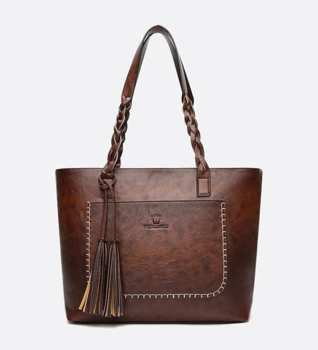 Boho Leather Tote Bag – Braided Straps & Tassel Charm - in Dark Brown | Arvea Bags