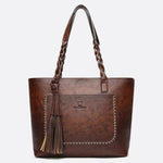 Boho Leather Tote Bag – Braided Straps & Tassel Charm - in Dark Brown | Arvea Bags