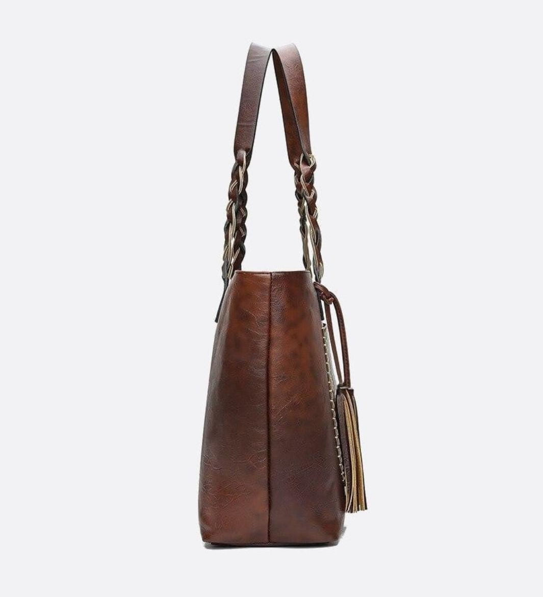 Boho Leather Tote Bag – Braided Straps & Tassel Charm - in Dark Brown | Arvea Bags