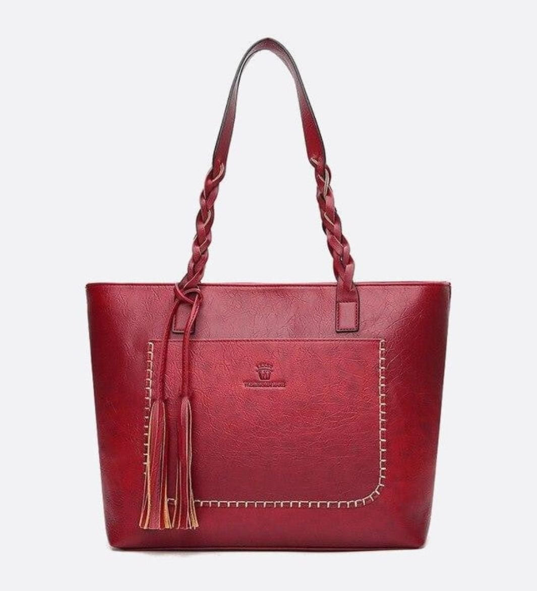 Boho Leather Tote Bag – Braided Straps & Tassel Charm - in Red | Arvea Bags