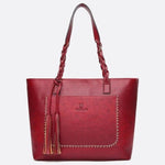Boho Leather Tote Bag – Braided Straps & Tassel Charm - in Red | Arvea Bags
