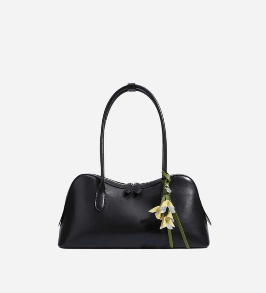 Boston Shoulder Bag with Floral Charm – Elegant Everyday Handbag - in Black | Arvea Bags