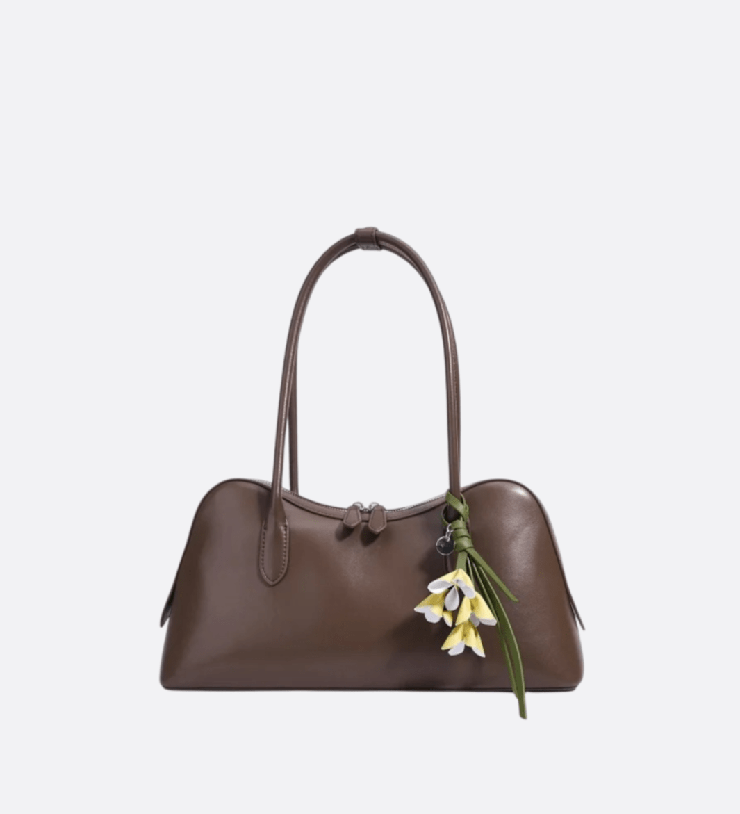 Boston Shoulder Bag with Floral Charm – Elegant Everyday Handbag - in Dark Brown | Arvea Bags