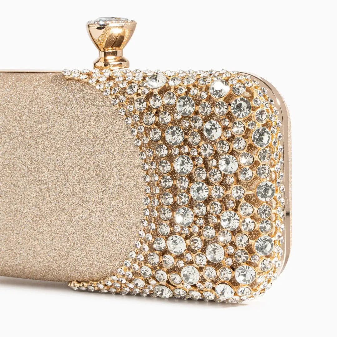 Calithea | Crystal & Gold Evening Clutch – Radiant Glamour - in Gold | Arvea Bags