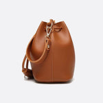 Camel Leather Bucket Bag with Tassels – Chic, Compact & Versatile - in Classic Brown | Arvea Bags