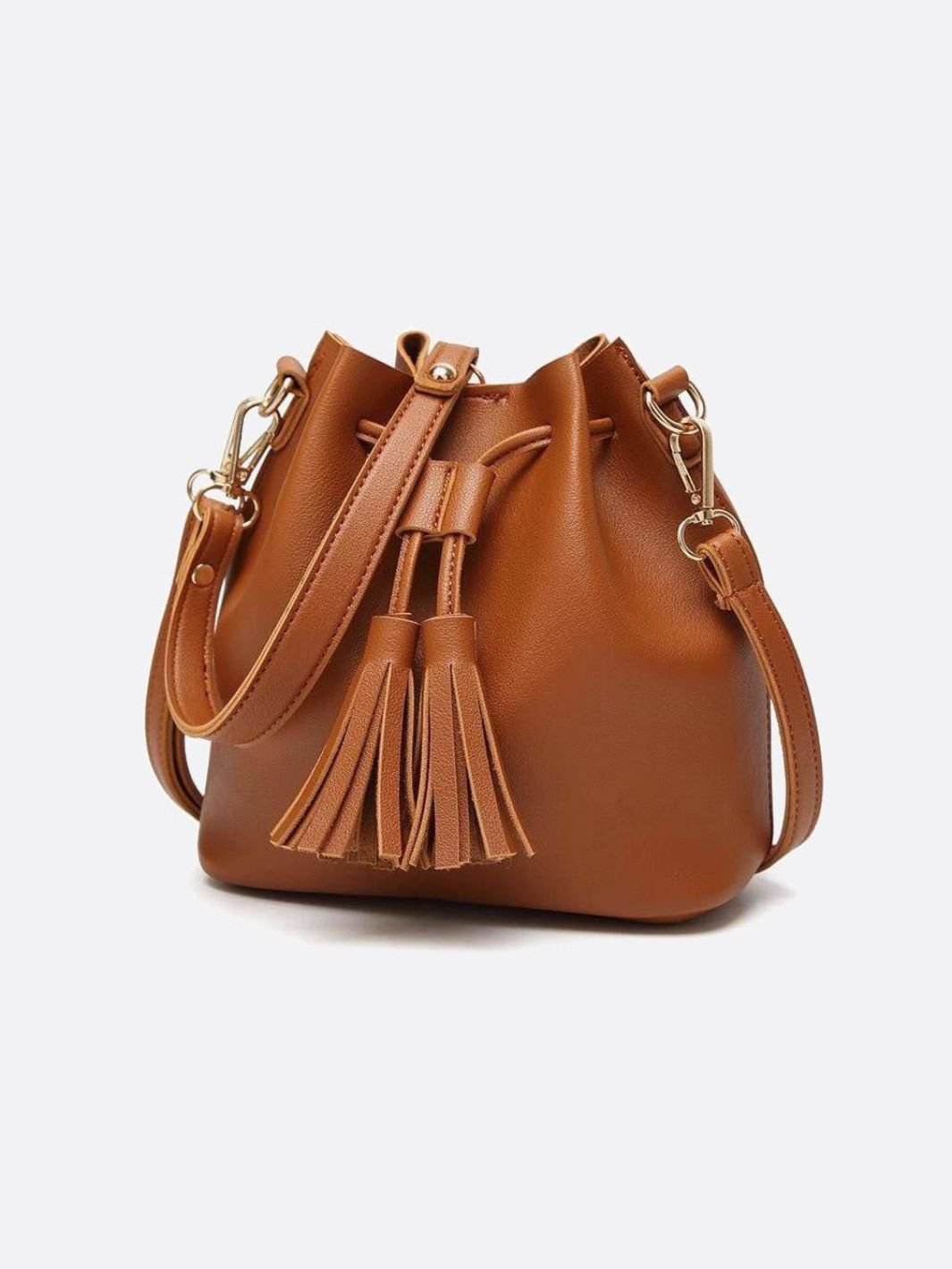 Camel Leather Bucket Bag with Tassels – Chic, Compact & Versatile - in Classic Brown | Arvea Bags