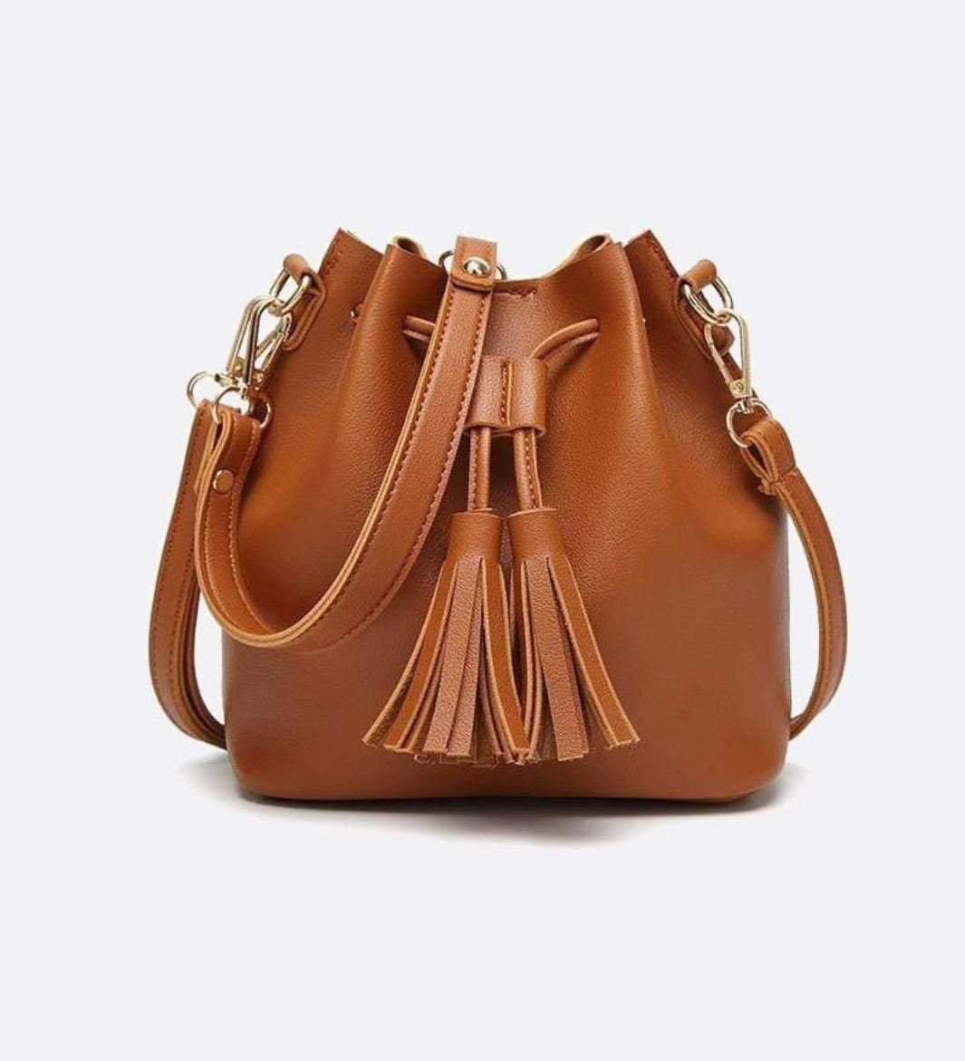 Camel Leather Bucket Bag with Tassels – Chic, Compact & Versatile - in Classic Brown | Arvea Bags