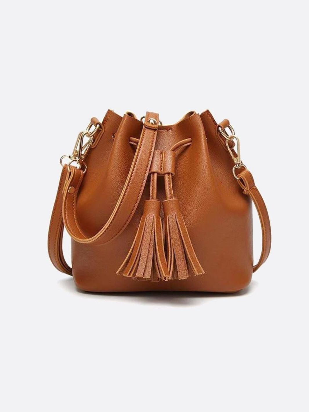 Camel Leather Bucket Bag with Tassels – Chic, Compact & Versatile - in Classic Brown | Arvea Bags