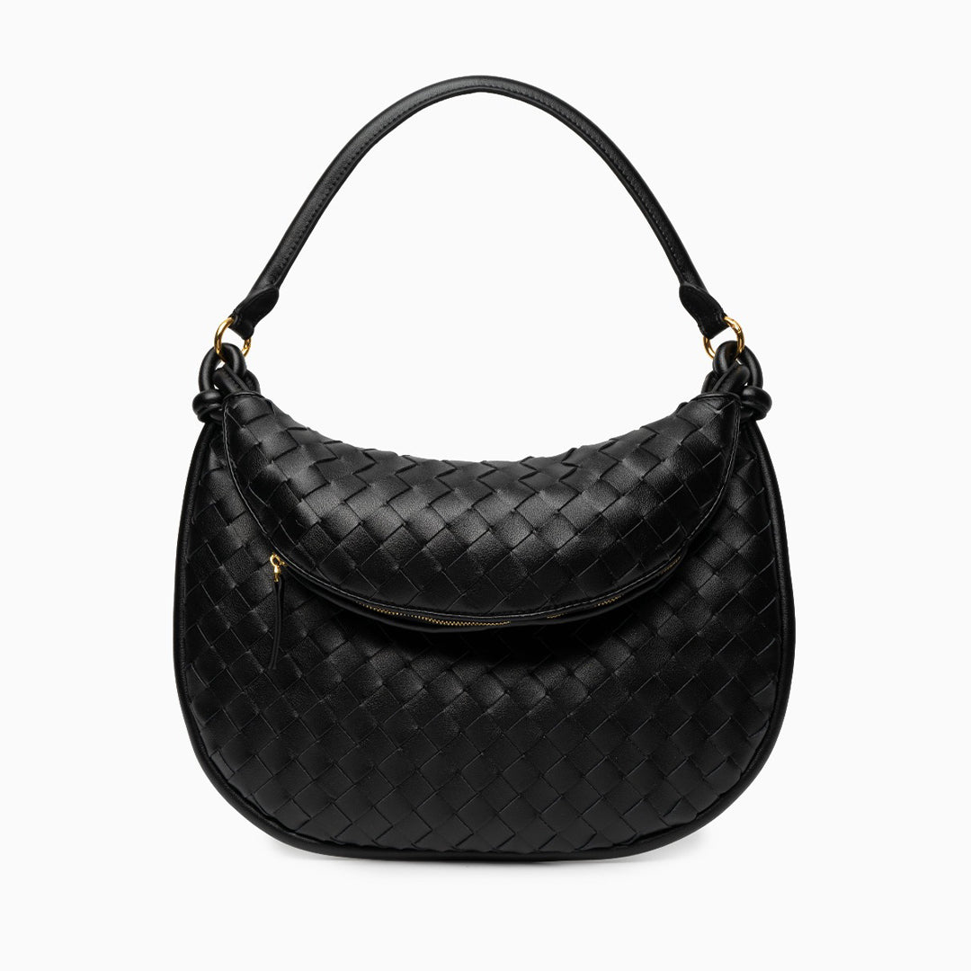 Camilla Woven Leather Shoulder Bag – Designer - Inspired Ladies’ Handbag - in Black | Arvea Bags