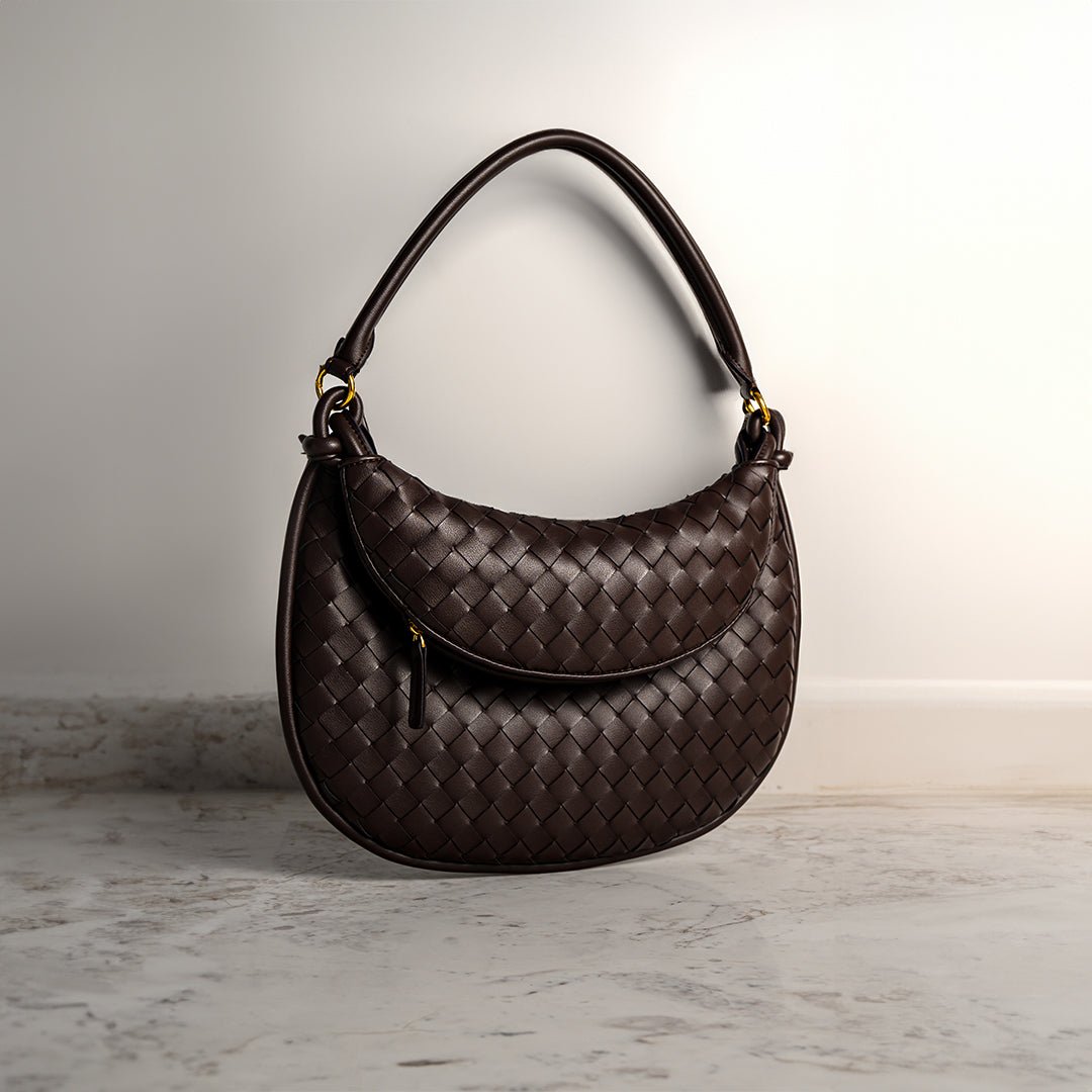 Camilla Woven Leather Shoulder Bag – Designer - Inspired Ladies’ Handbag - in Black | Arvea Bags