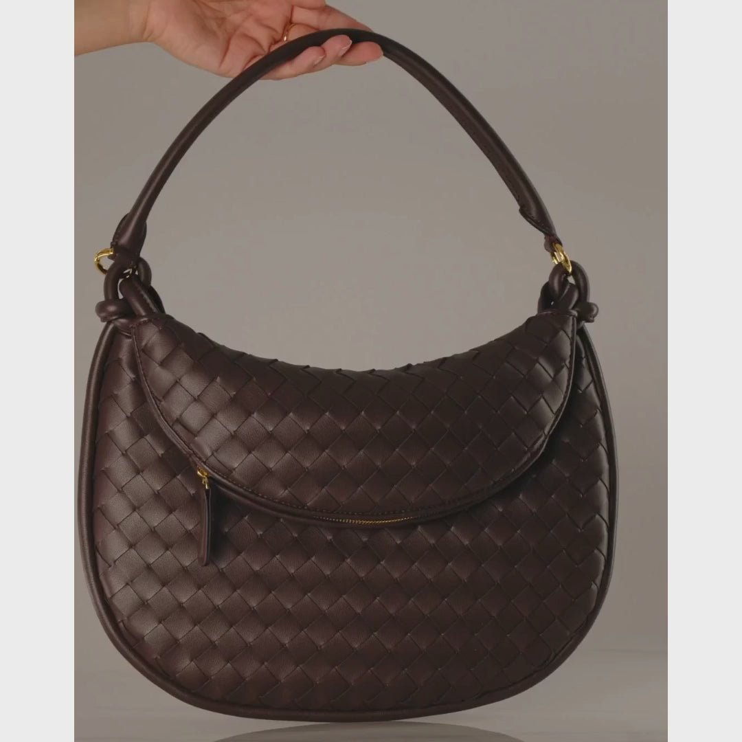 Camilla Woven Leather Shoulder Bag – Designer - Inspired Ladies’ Handbag - in Brown | Arvea Bags