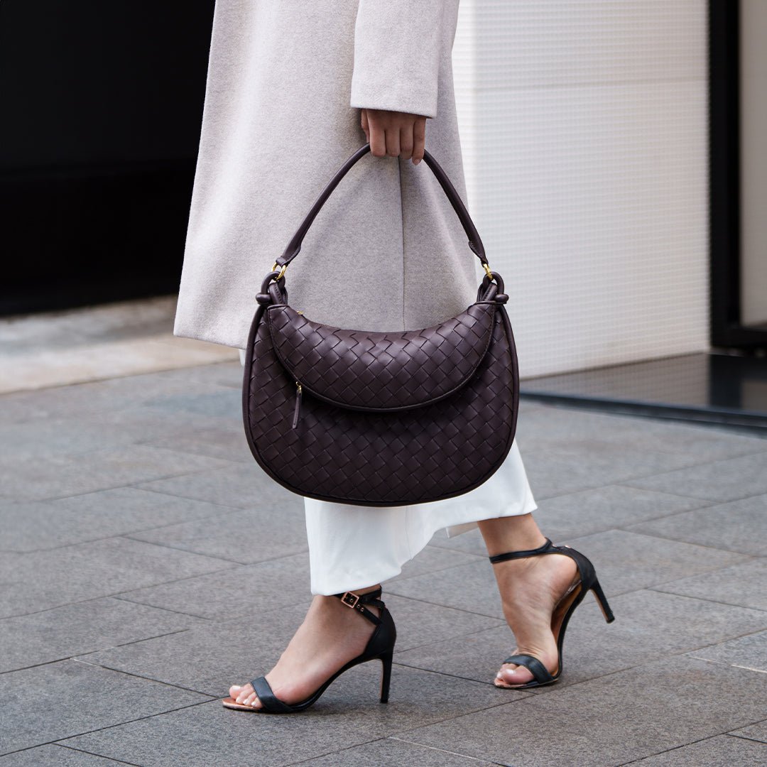 Camilla Woven Leather Shoulder Bag – Designer - Inspired Ladies’ Handbag - in Brown | Arvea Bags