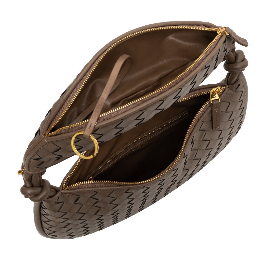 Camilla Woven Leather Shoulder Bag – Designer - Inspired Ladies’ Handbag - in Caramel | Arvea Bags
