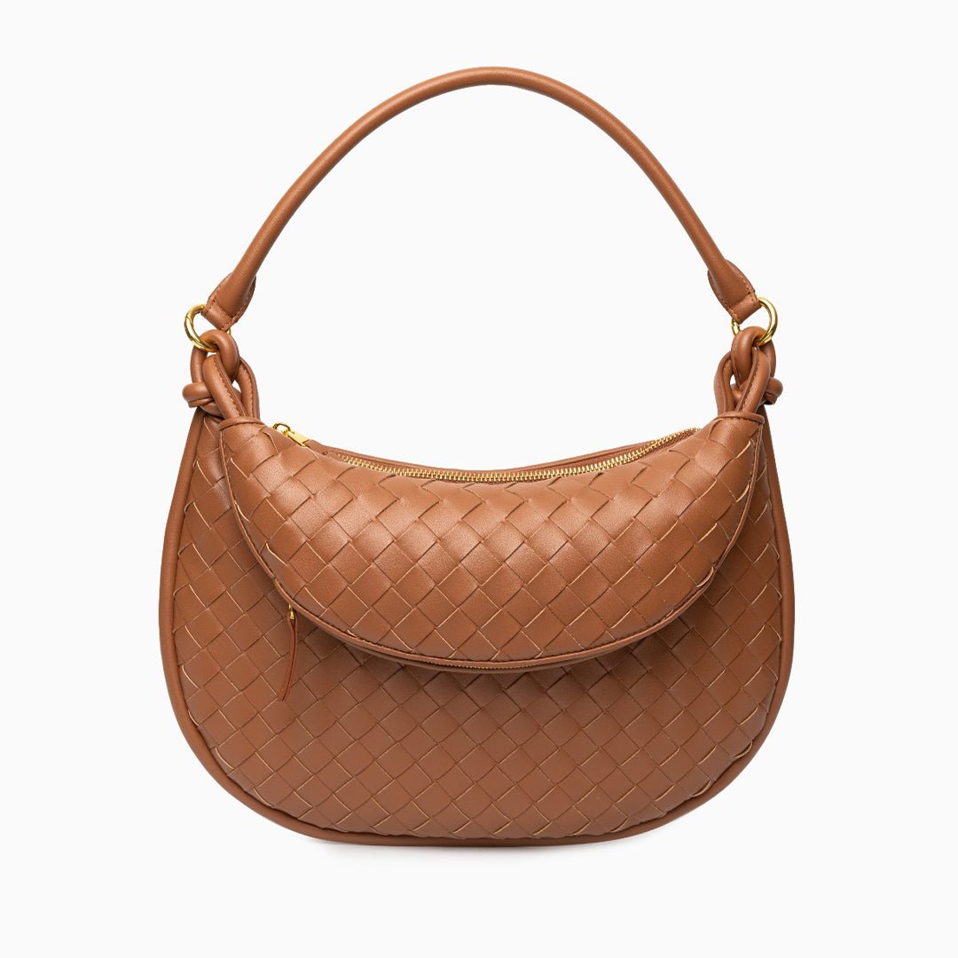 Camilla Woven Leather Shoulder Bag – Designer - Inspired Ladies’ Handbag - in Caramel | Arvea Bags
