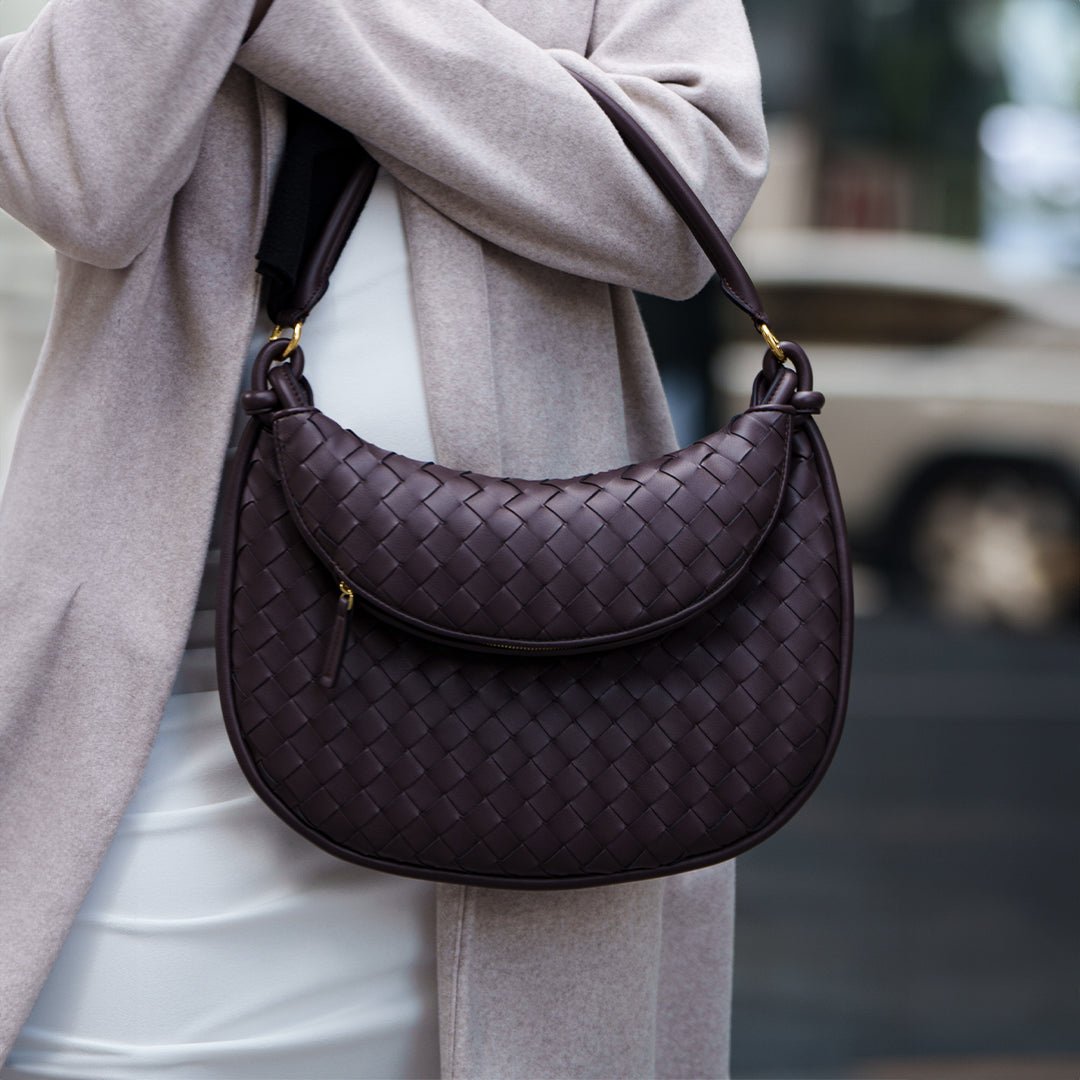 Camilla Woven Leather Shoulder Bag – Designer - Inspired Ladies’ Handbag - in Espresso Brown | Arvea Bags