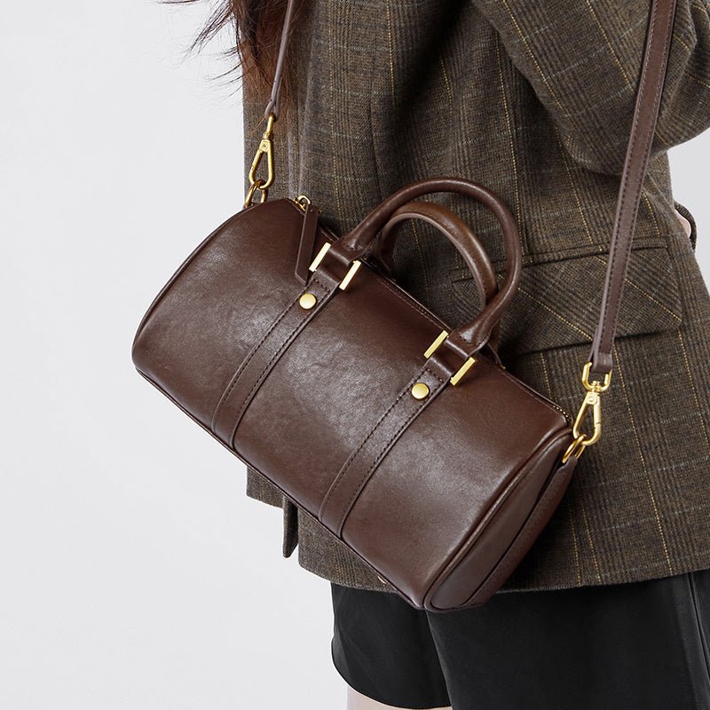 Camille | Brown Leather Duffle Satchel – Classic & Chic - in Brown | Arvea Bags
