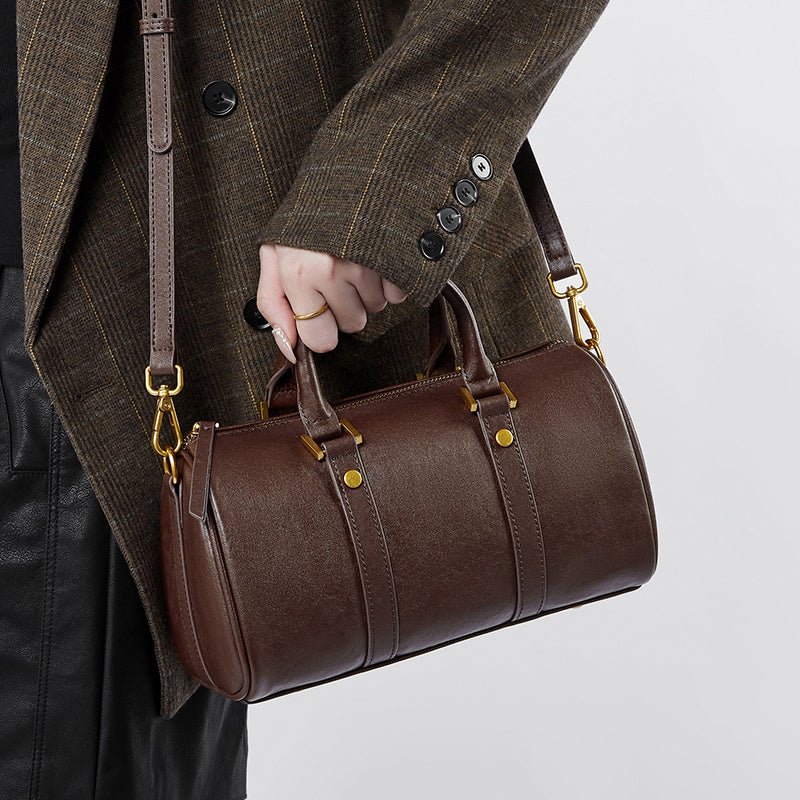 Camille | Brown Leather Duffle Satchel – Classic & Chic - in Brown | Arvea Bags