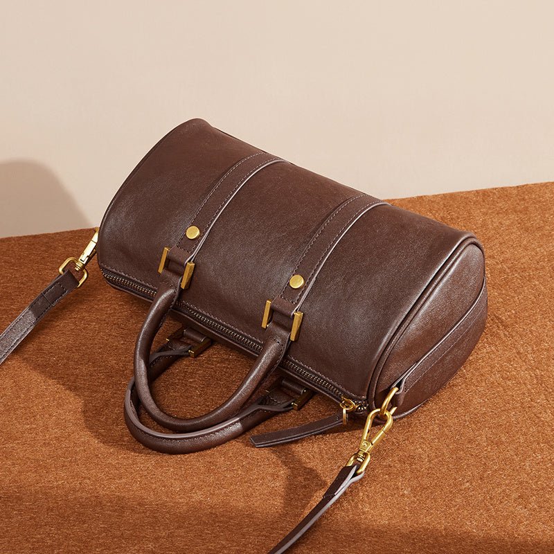 Camille | Brown Leather Duffle Satchel – Classic & Chic - in Brown | Arvea Bags