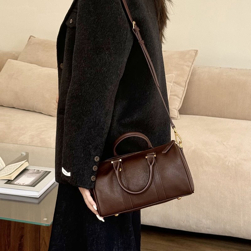 Camille | Brown Leather Duffle Satchel – Classic & Chic - in Brown | Arvea Bags