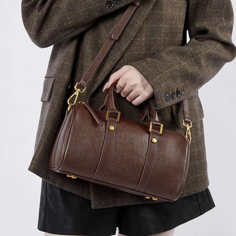 Camille | Brown Leather Duffle Satchel – Classic & Chic - in Brown | Arvea Bags