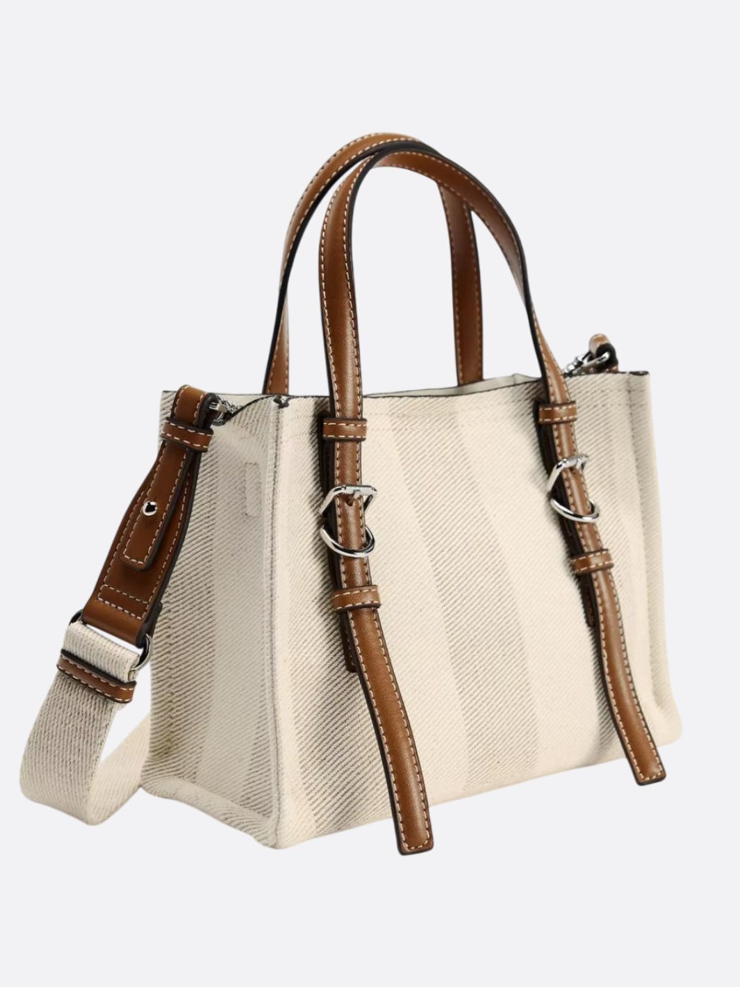 Canvas Tote Handbag with Leather Straps and Shoulder Belt - in Off - White | Arvea Bags