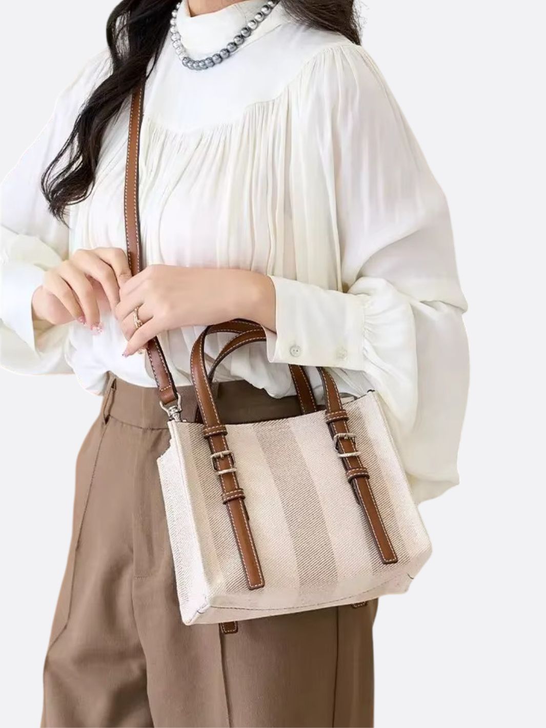 Canvas Tote Handbag with Leather Straps and Shoulder Belt - in Off - White | Arvea Bags